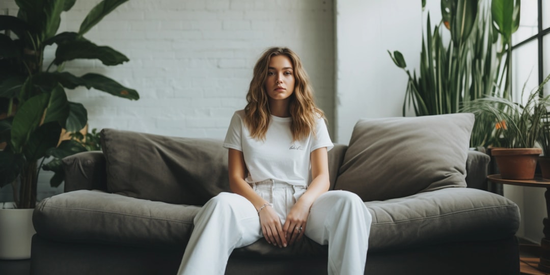 Модель в Relaxed Fit джинсах та в білій футболці вдома сидить на дивані
